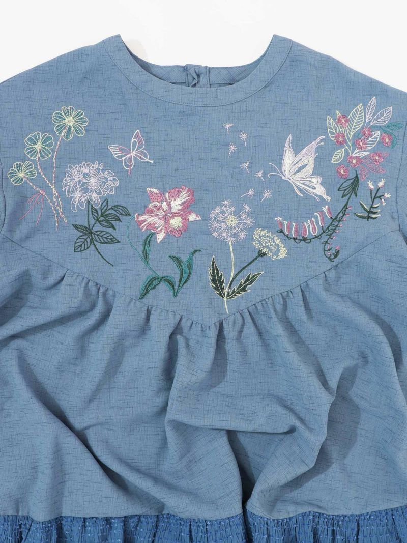 花蝶刺繍シャーリング生地ティアード風ワンピース-16