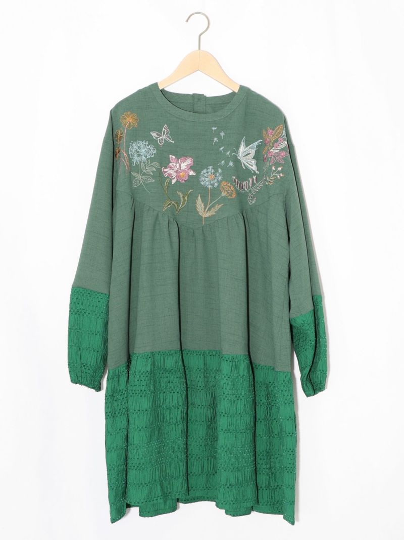花蝶刺繍シャーリング生地ティアード風ワンピース-17