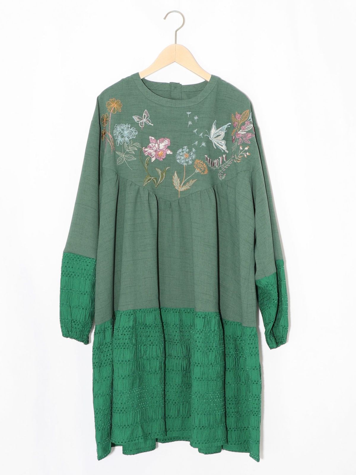 花蝶刺繍シャーリング生地ティアード風ワンピース-17