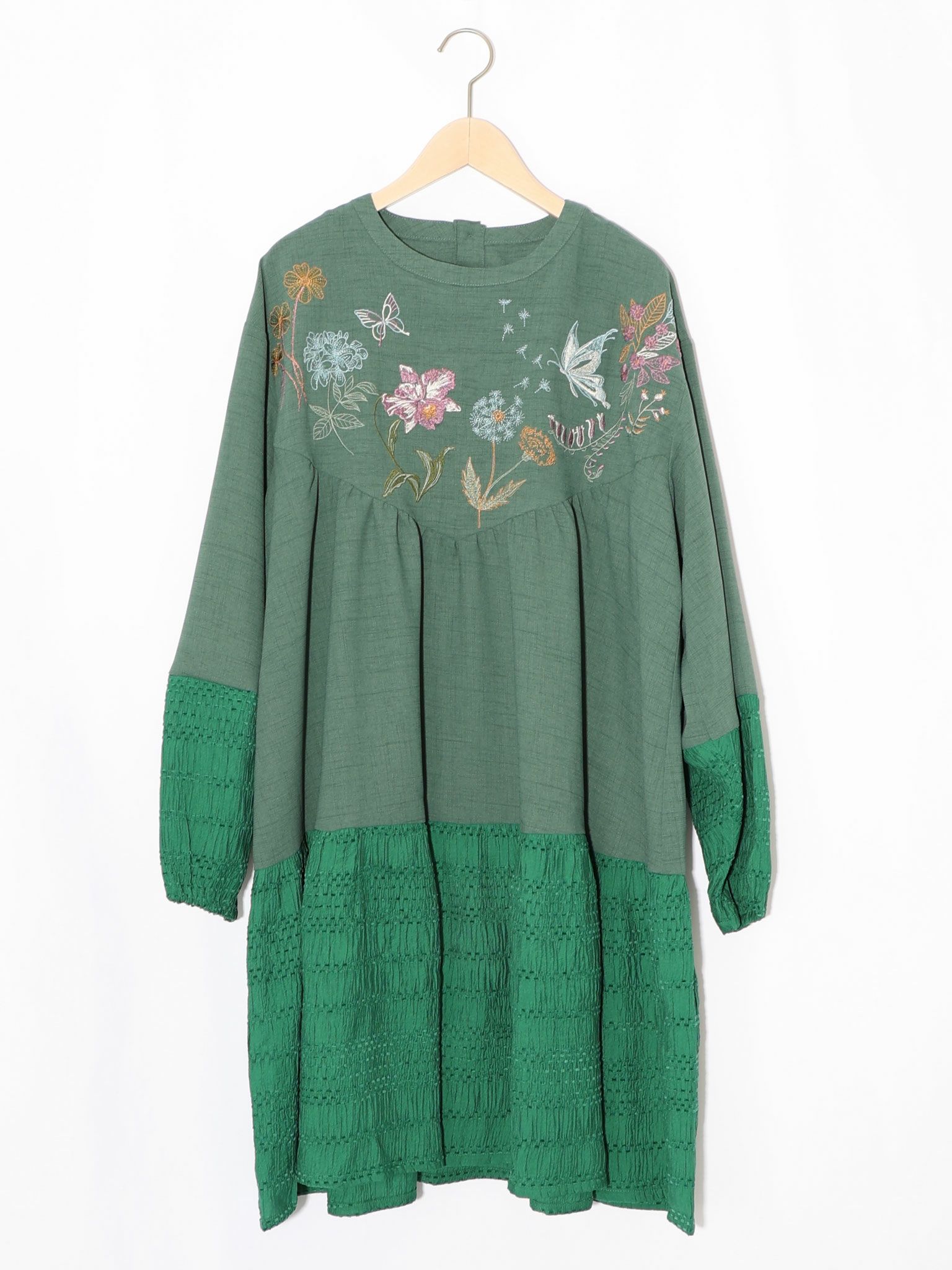 花蝶刺繍シャーリング生地ティアード風ワンピース-17