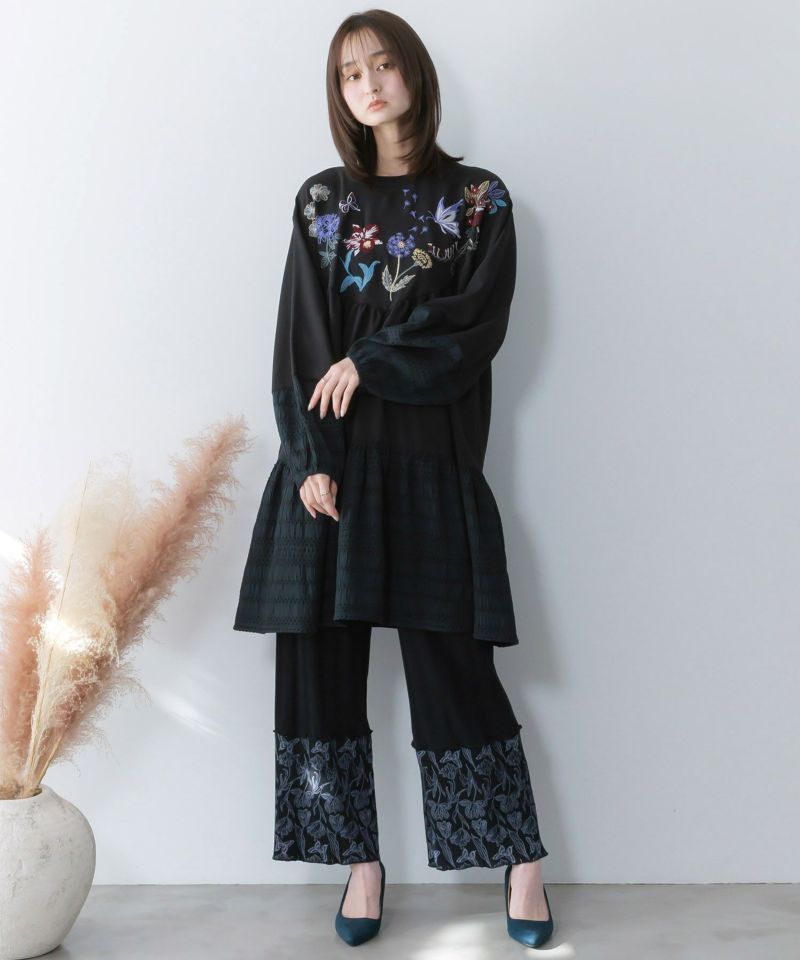 花蝶柄テレコ素材メロウ入りパンツ-2