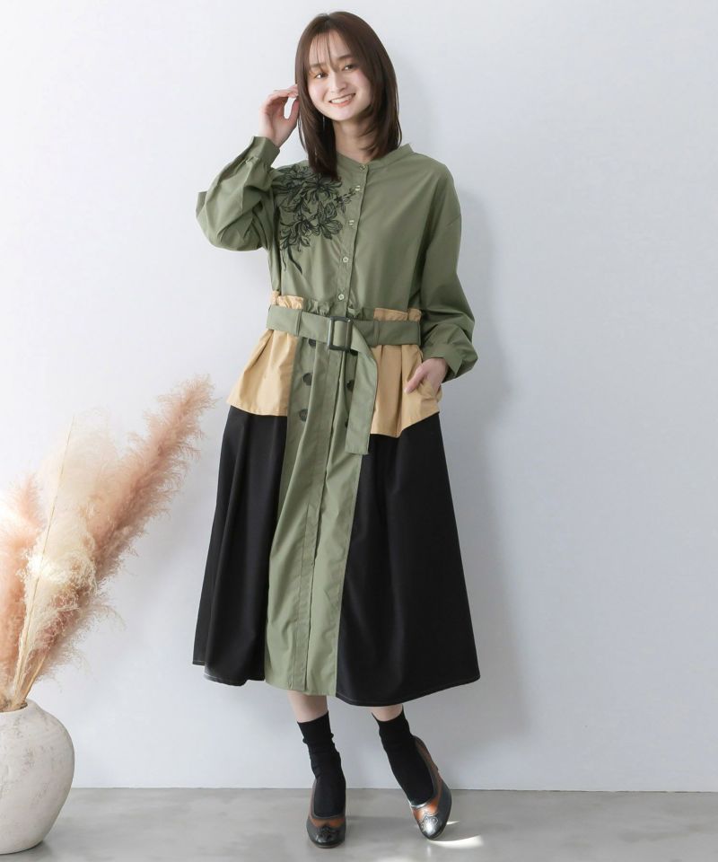 花刺繍トレンチコート風異素材切替ワンピース-1
