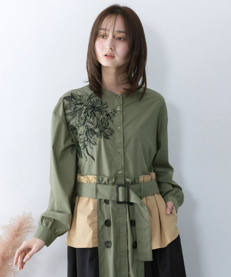 花刺繍トレンチコート風異素材切替ワンピース-2
