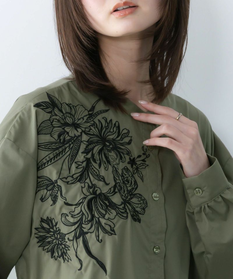 花刺繍トレンチコート風異素材切替ワンピース-7