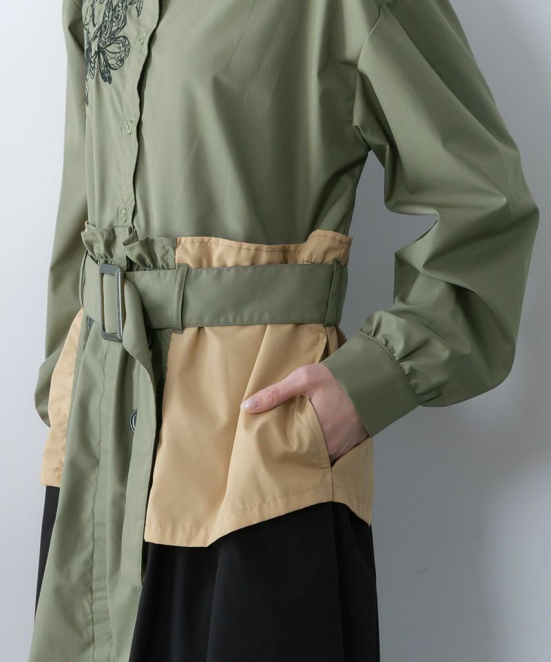花刺繍トレンチコート風異素材切替ワンピース-9