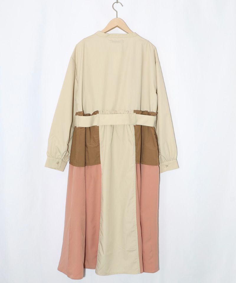 花刺繍トレンチコート風異素材切替ワンピース-12