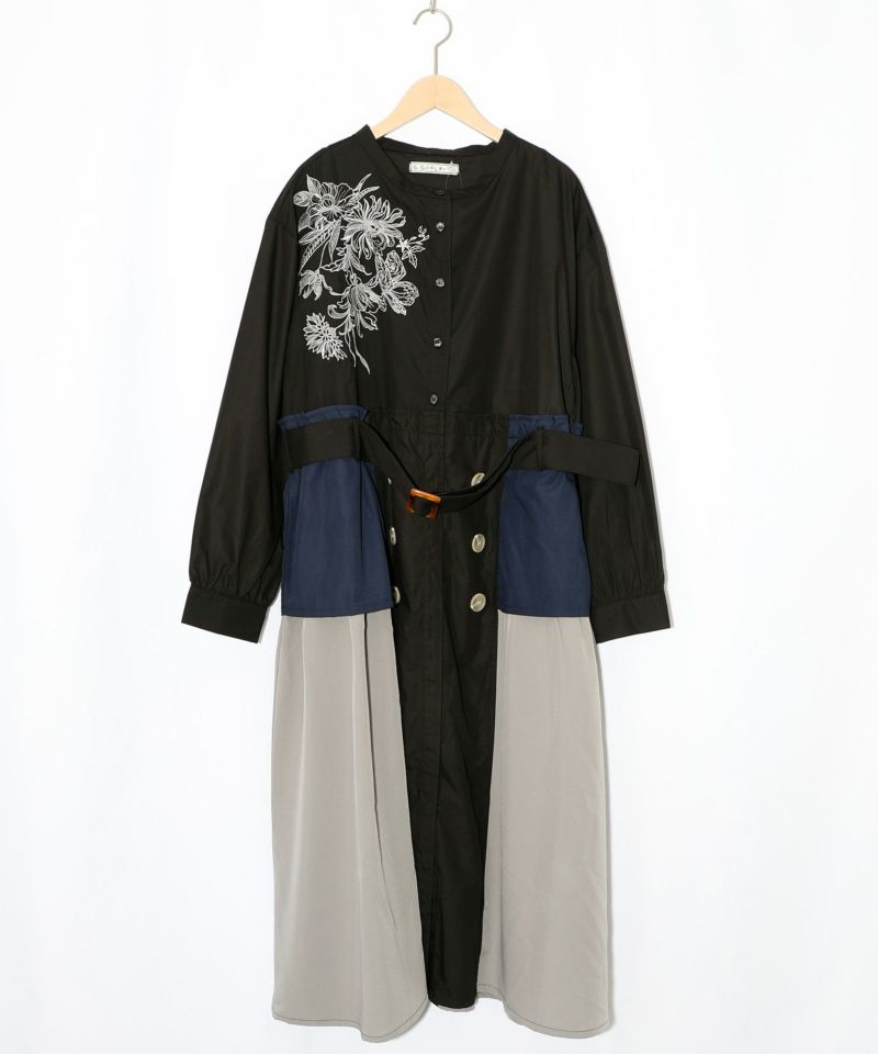花刺繍トレンチコート風異素材切替ワンピース-14