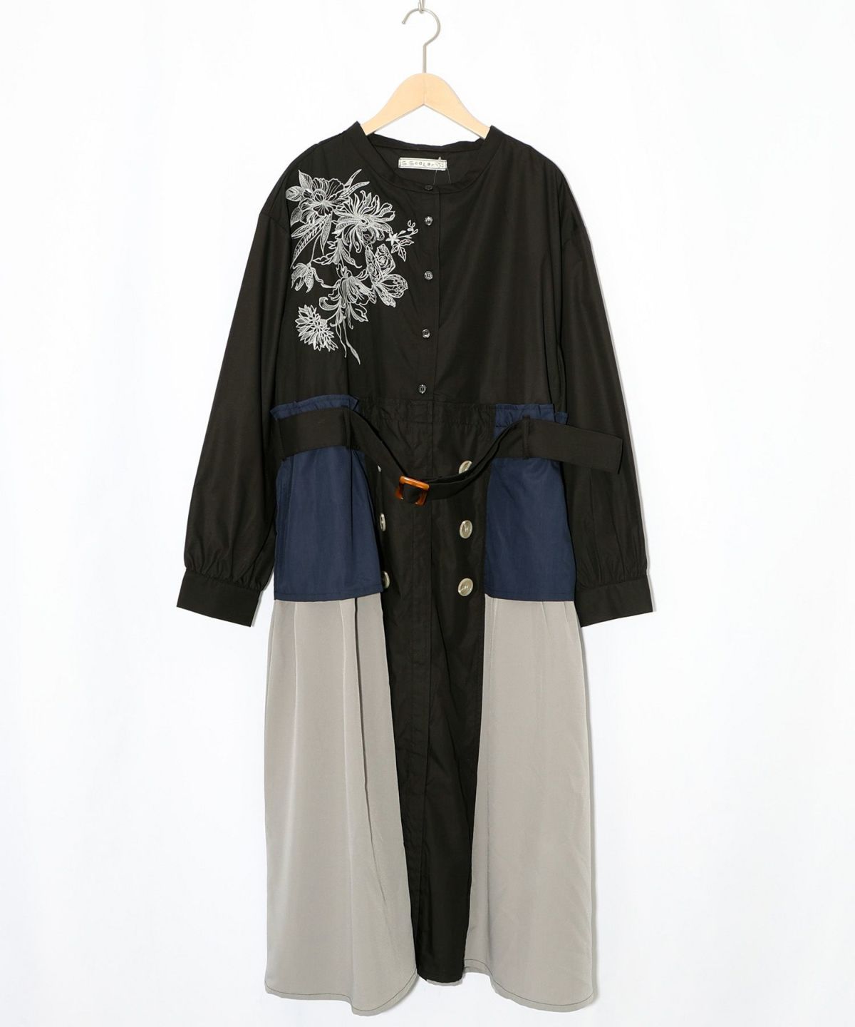 花刺繍トレンチコート風異素材切替ワンピース-14