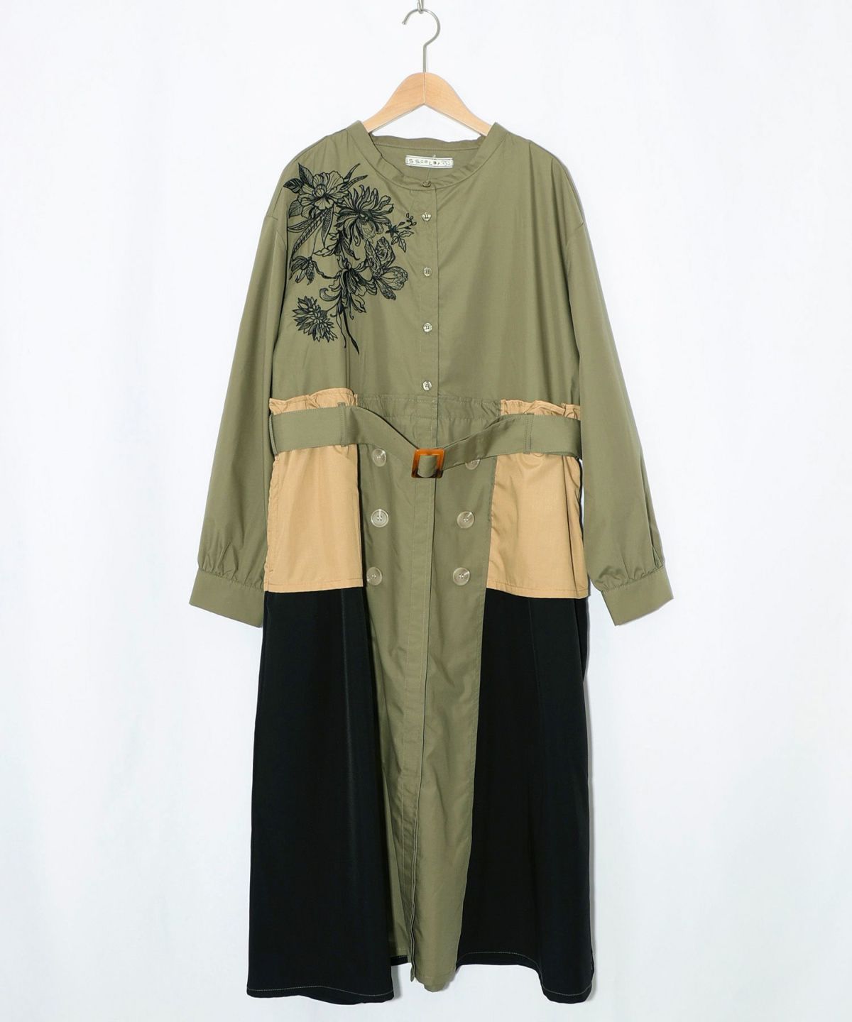 花刺繍トレンチコート風異素材切替ワンピース-17