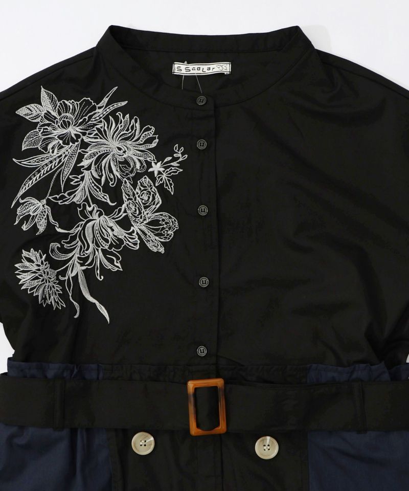 花刺繍トレンチコート風異素材切替ワンピース-20