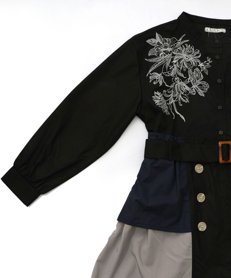 花刺繍トレンチコート風異素材切替ワンピース-22