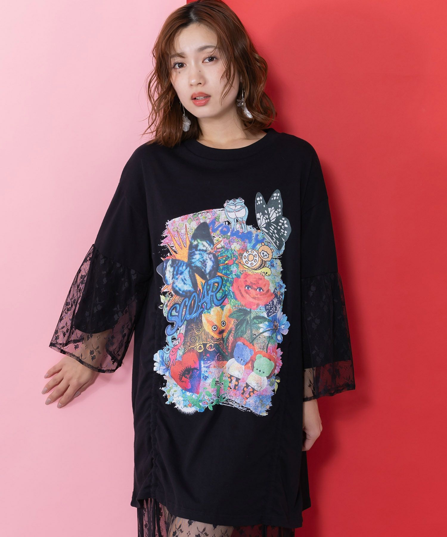 161620：アート柄レース切替チュニックの通販-ScoLar