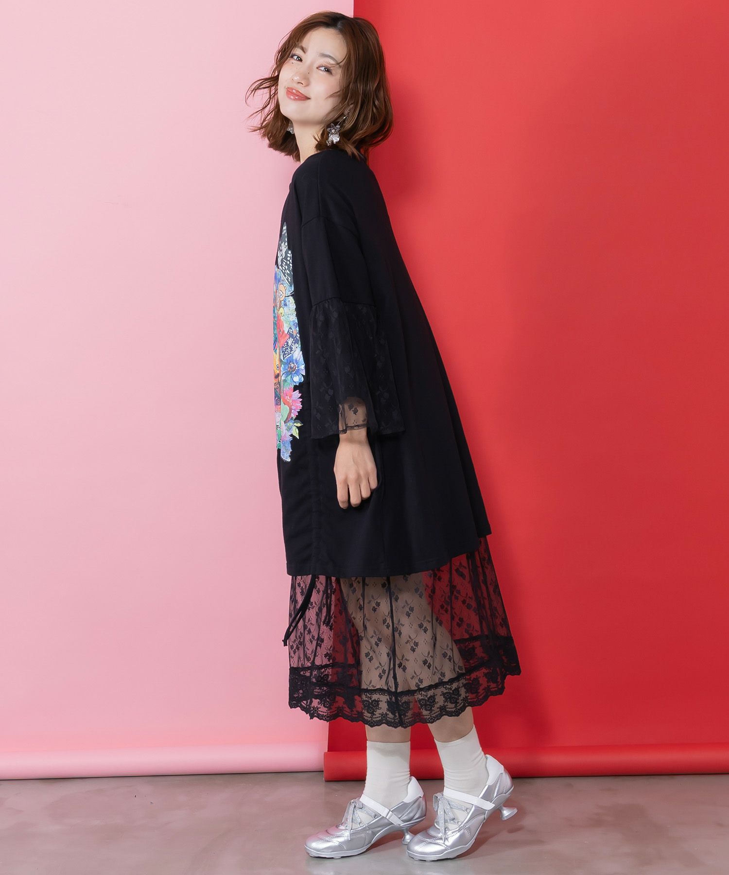 161620：アート柄レース切替チュニックの通販-ScoLar