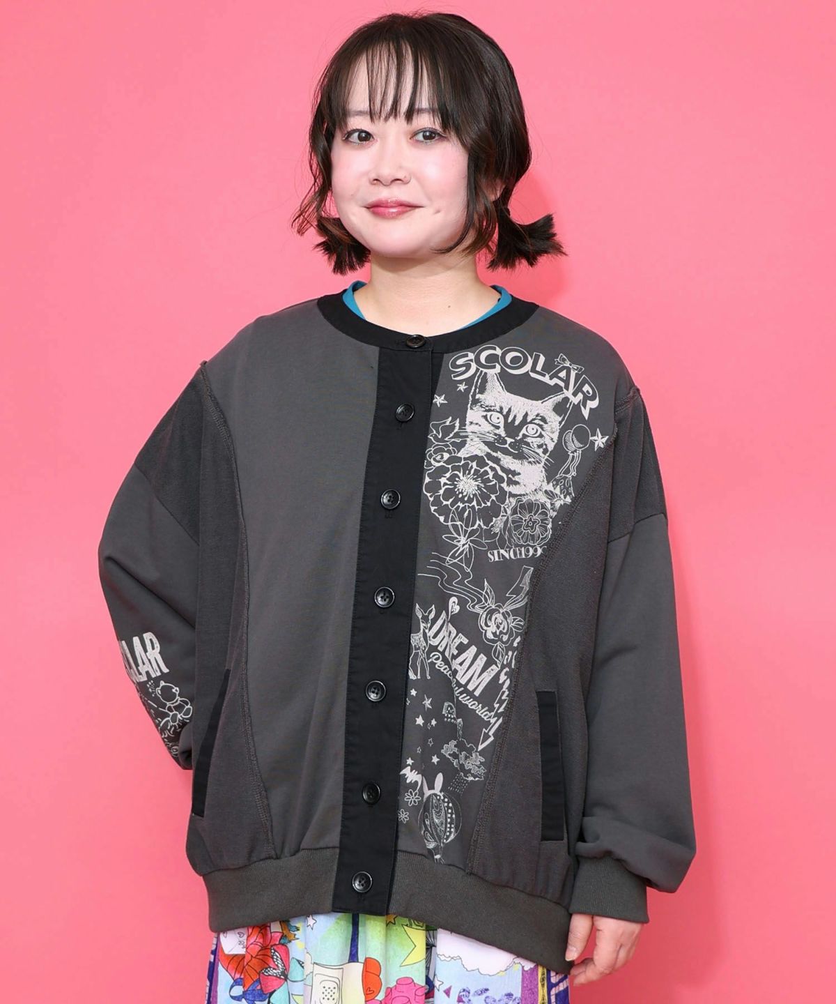 チョーク風柄裏毛×綿ツイル異素材切替カーディガン-1