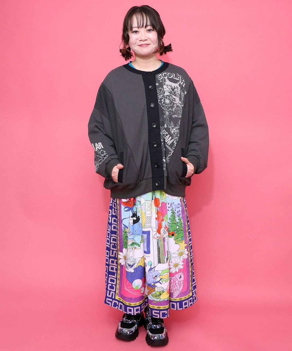 チョーク風柄裏毛×綿ツイル異素材切替カーディガン-2