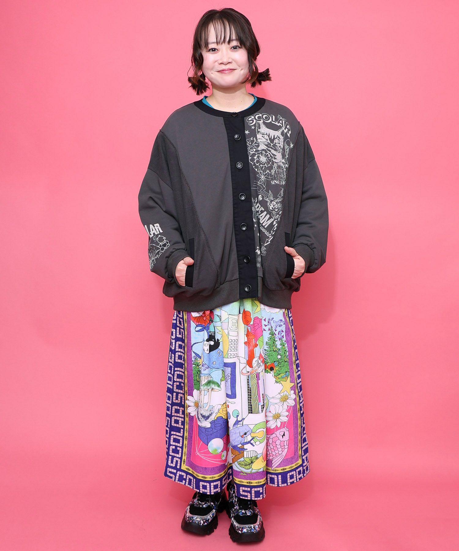 チョーク風柄裏毛×綿ツイル異素材切替カーディガン-2