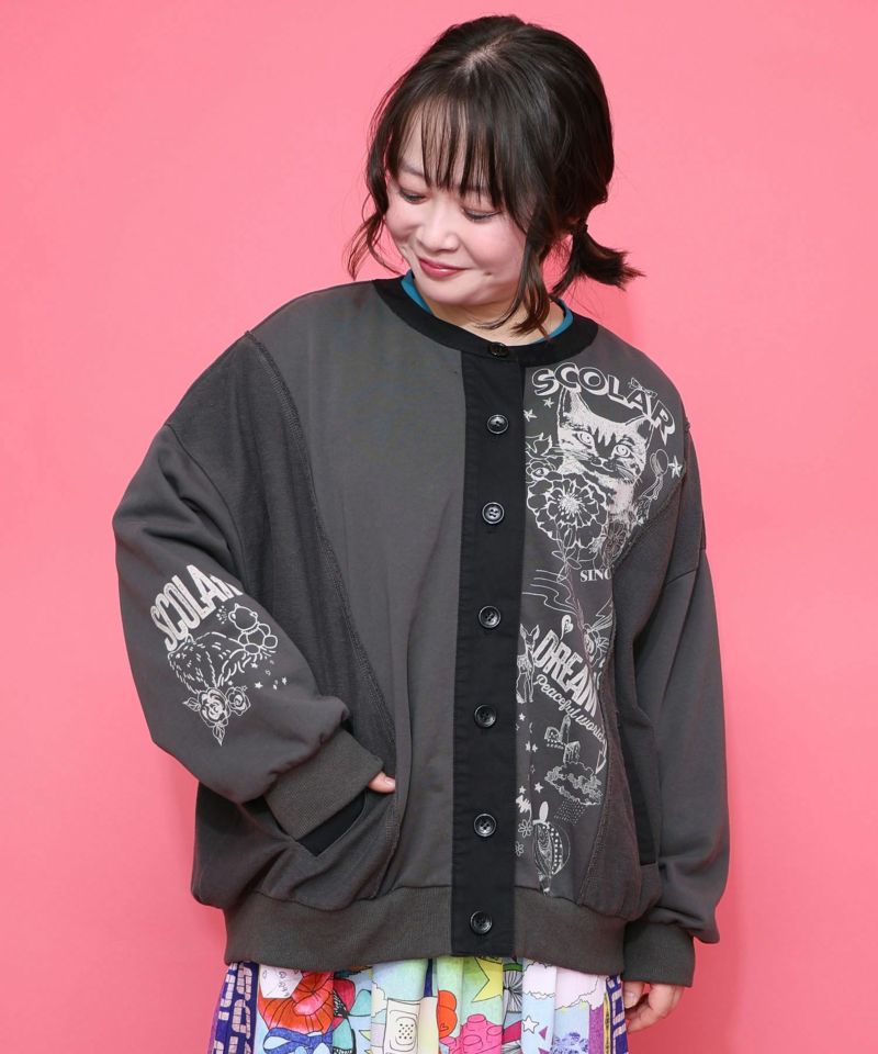 チョーク風柄裏毛×綿ツイル異素材切替カーディガン-3