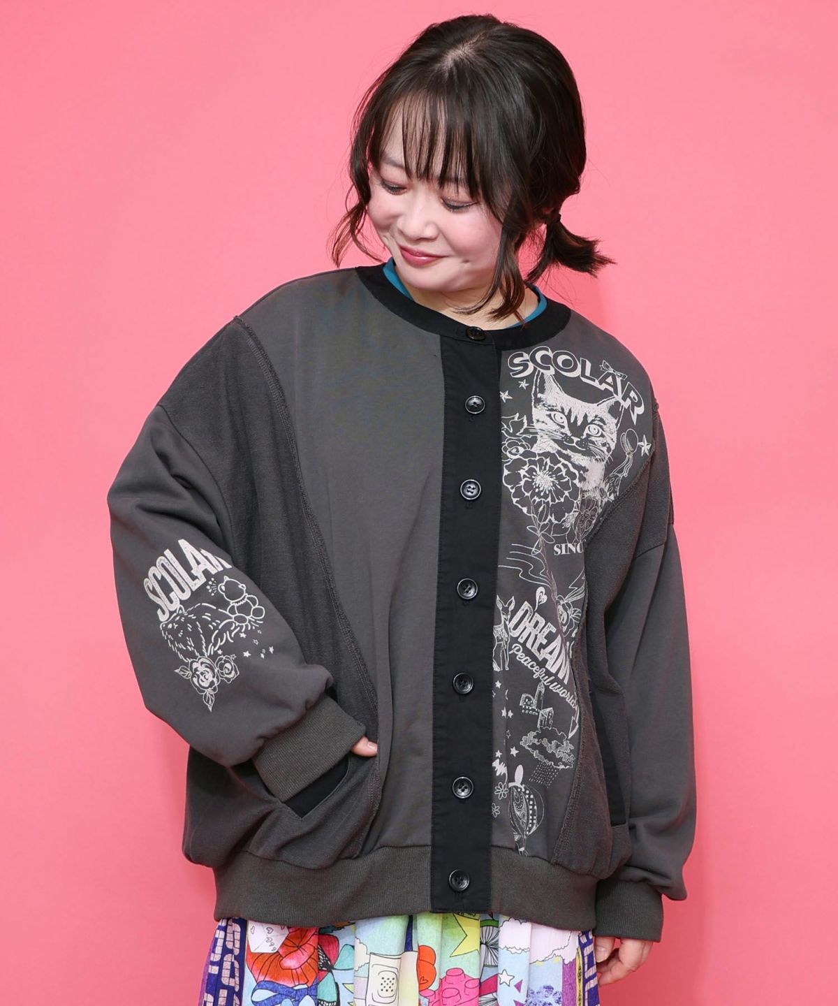 チョーク風柄裏毛×綿ツイル異素材切替カーディガン-3