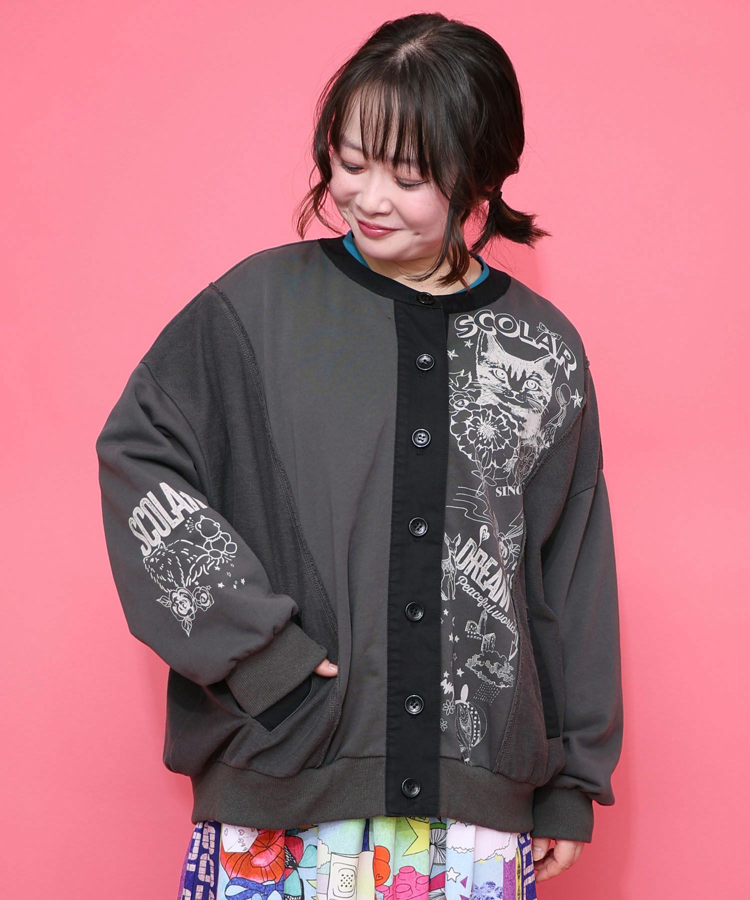 チョーク風柄裏毛×綿ツイル異素材切替カーディガン-3