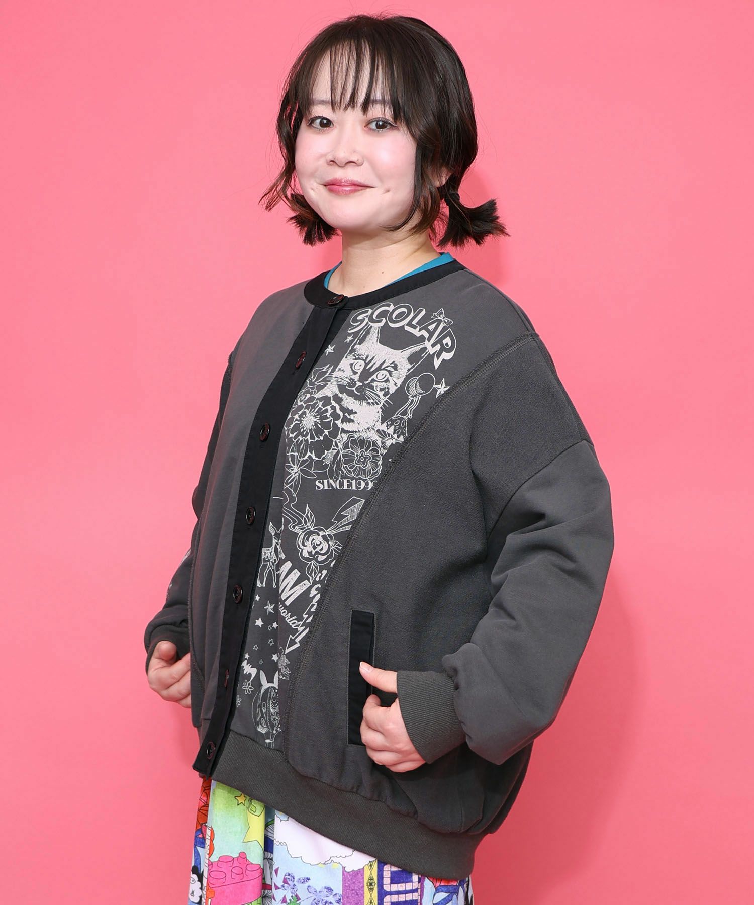 チョーク風柄裏毛×綿ツイル異素材切替カーディガン-4