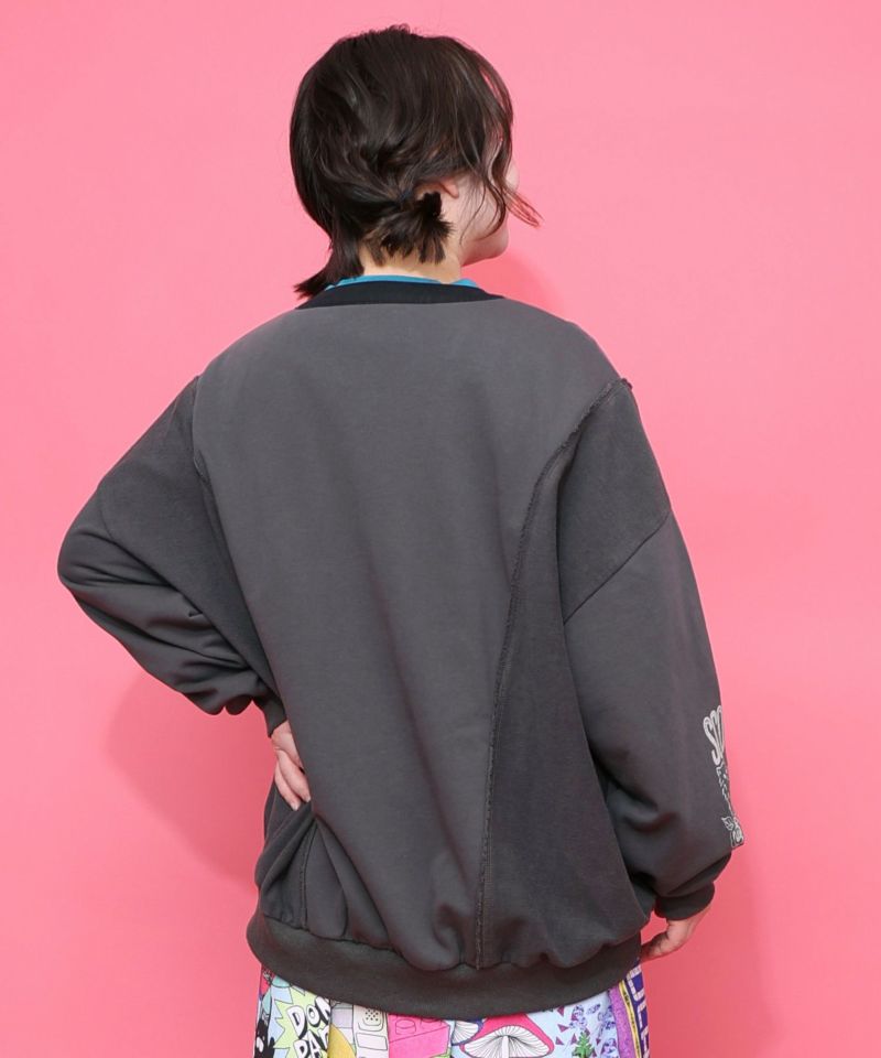 チョーク風柄裏毛×綿ツイル異素材切替カーディガン-5