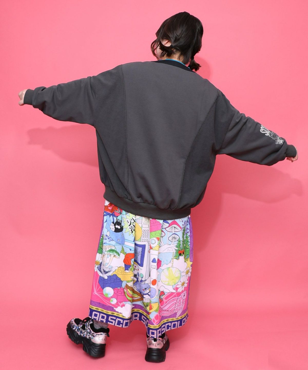 チョーク風柄裏毛×綿ツイル異素材切替カーディガン-6