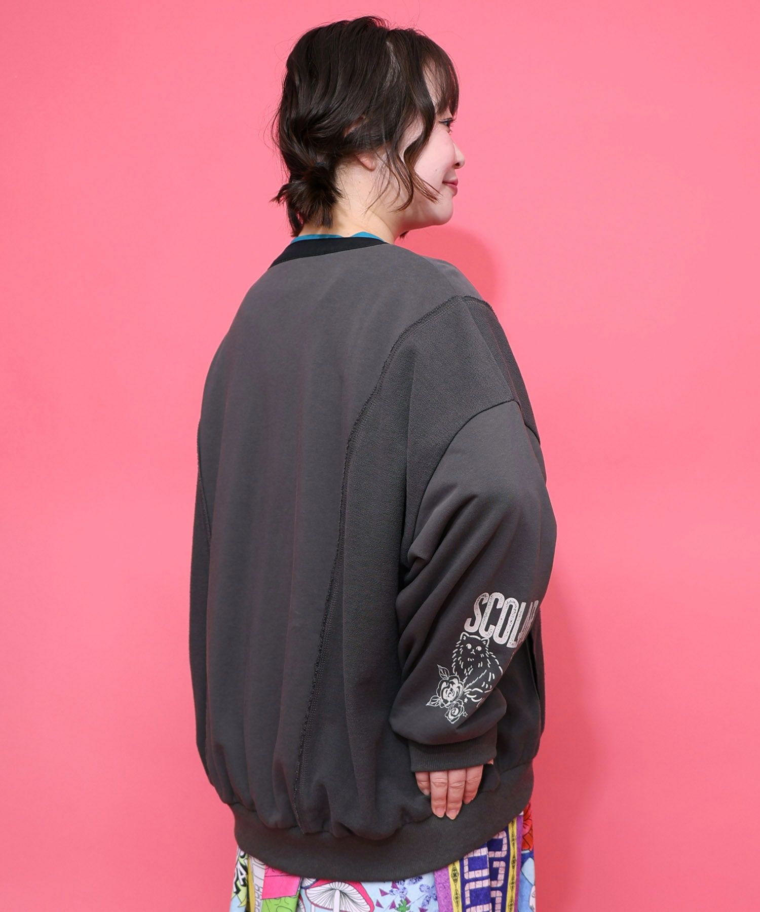 チョーク風柄裏毛×綿ツイル異素材切替カーディガン-7