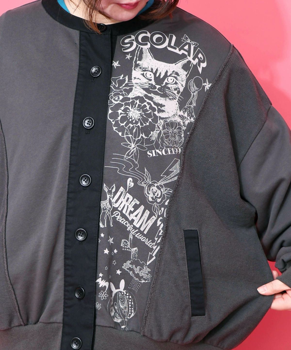 チョーク風柄裏毛×綿ツイル異素材切替カーディガン-8