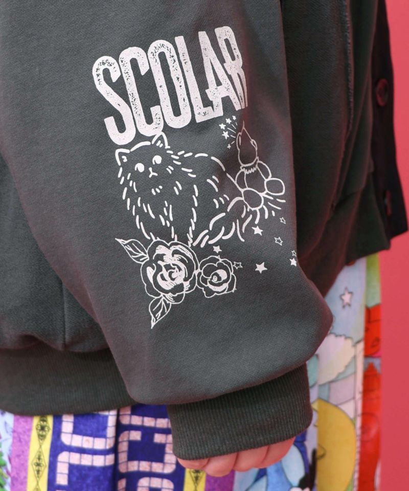 チョーク風柄裏毛×綿ツイル異素材切替カーディガン-9