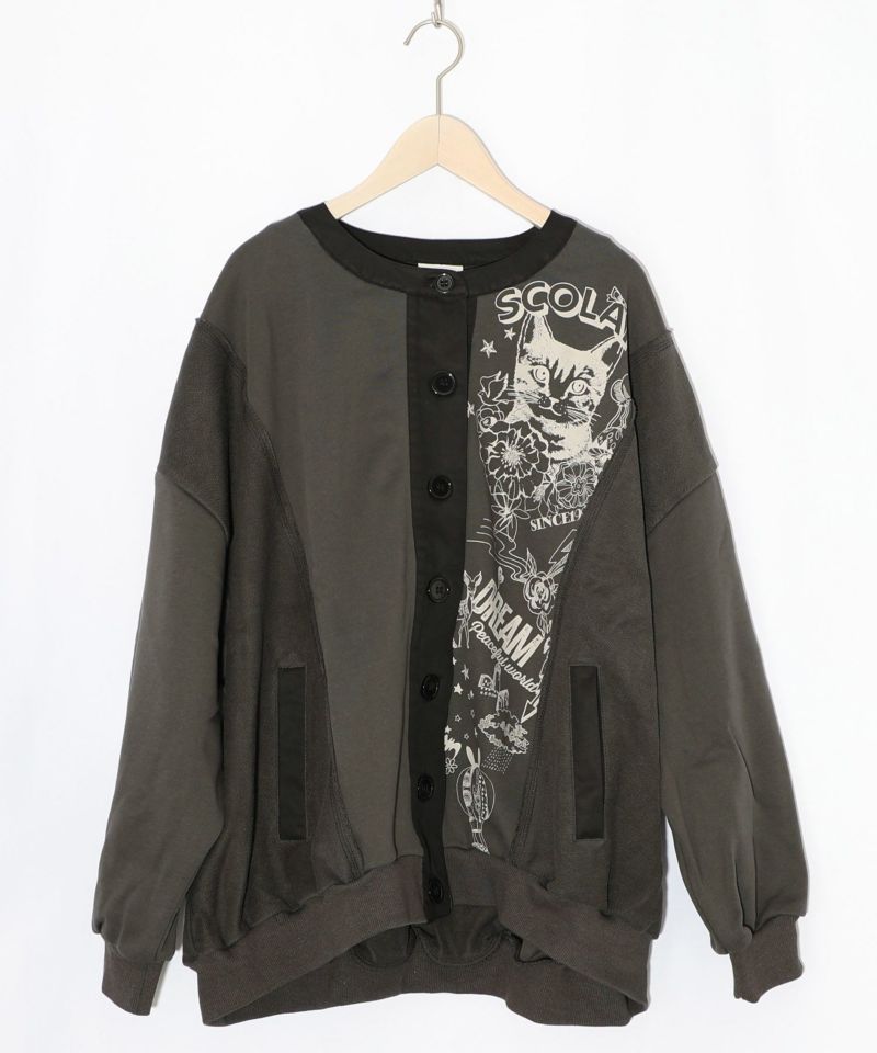 チョーク風柄裏毛×綿ツイル異素材切替カーディガン-10