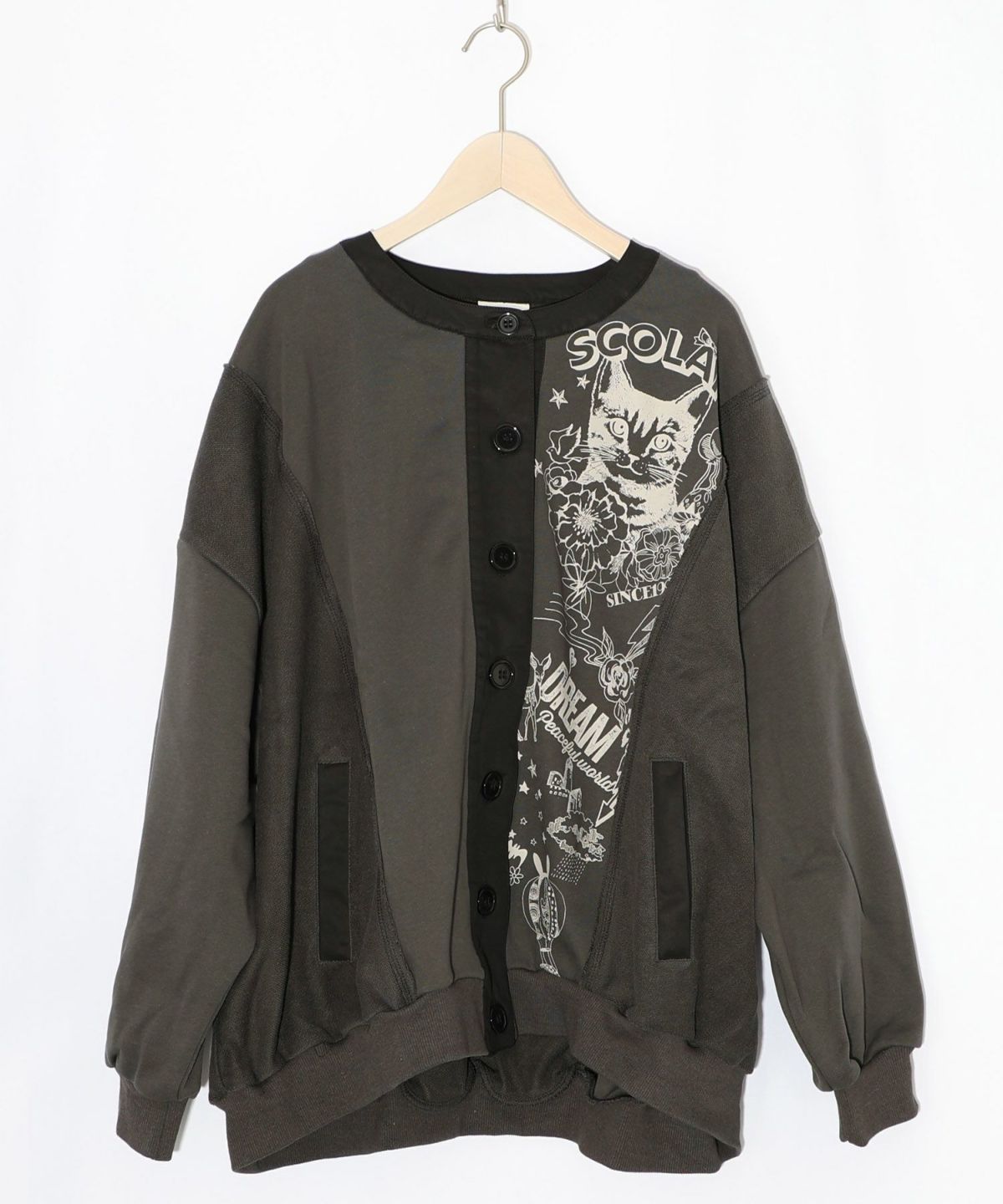 チョーク風柄裏毛×綿ツイル異素材切替カーディガン-10