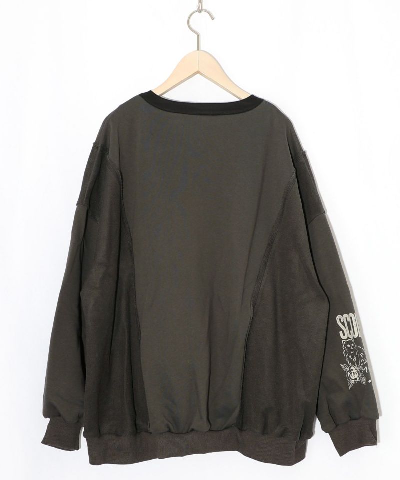 チョーク風柄裏毛×綿ツイル異素材切替カーディガン-11