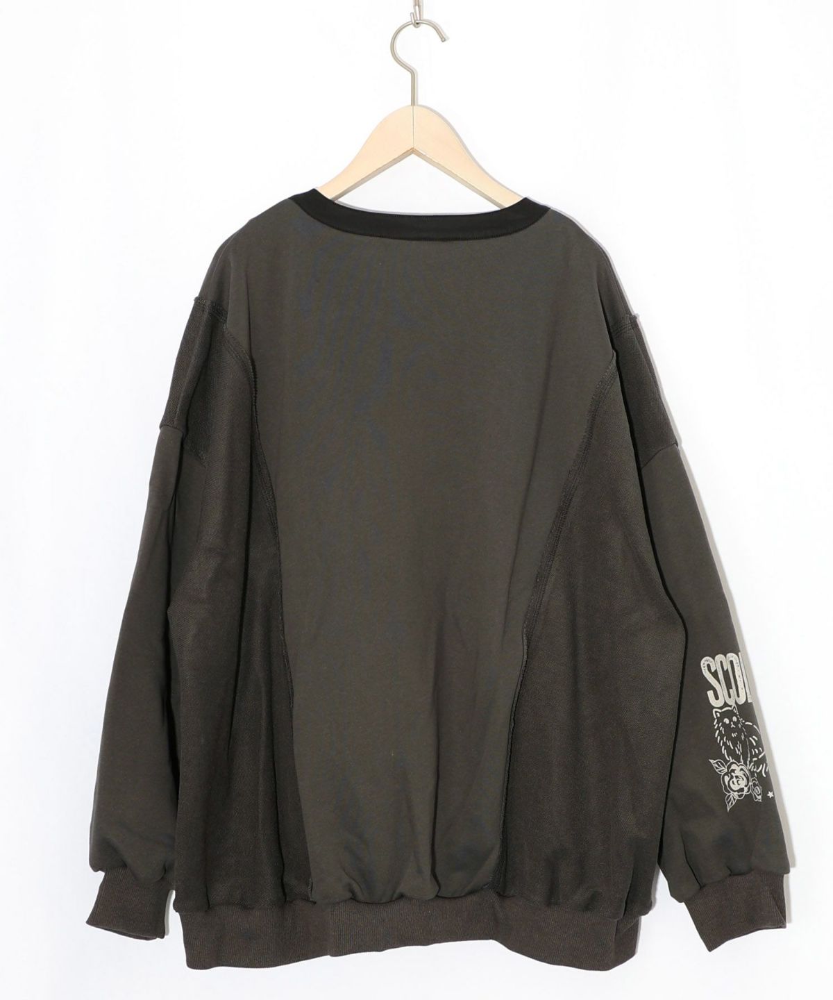 チョーク風柄裏毛×綿ツイル異素材切替カーディガン-11