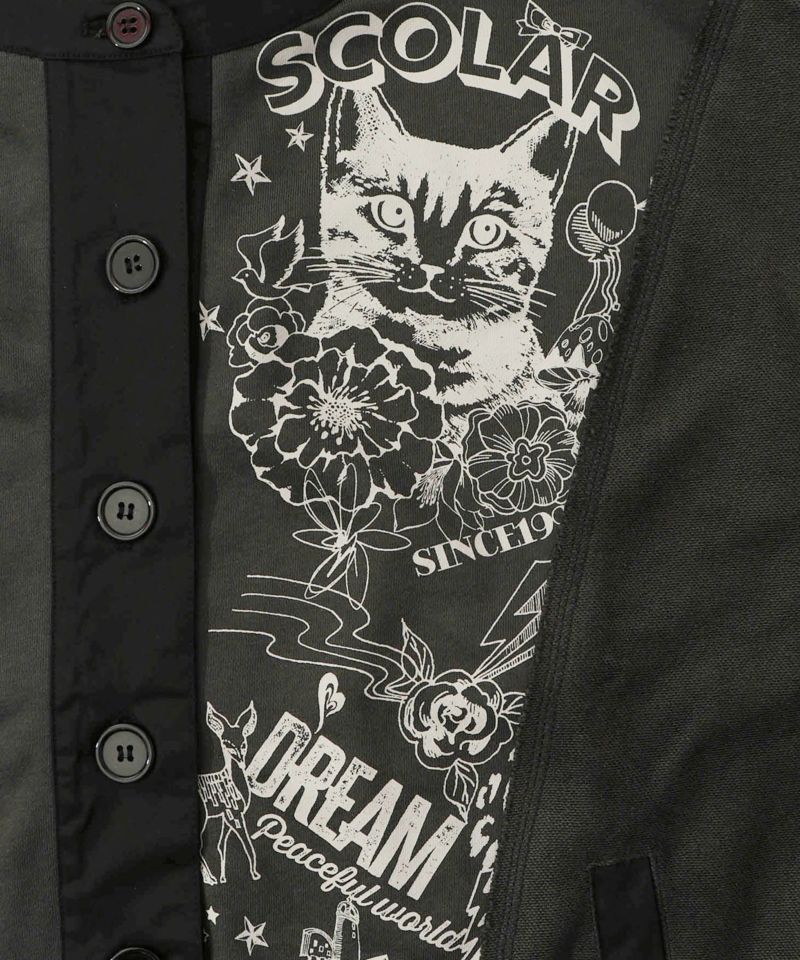 チョーク風柄裏毛×綿ツイル異素材切替カーディガン-12