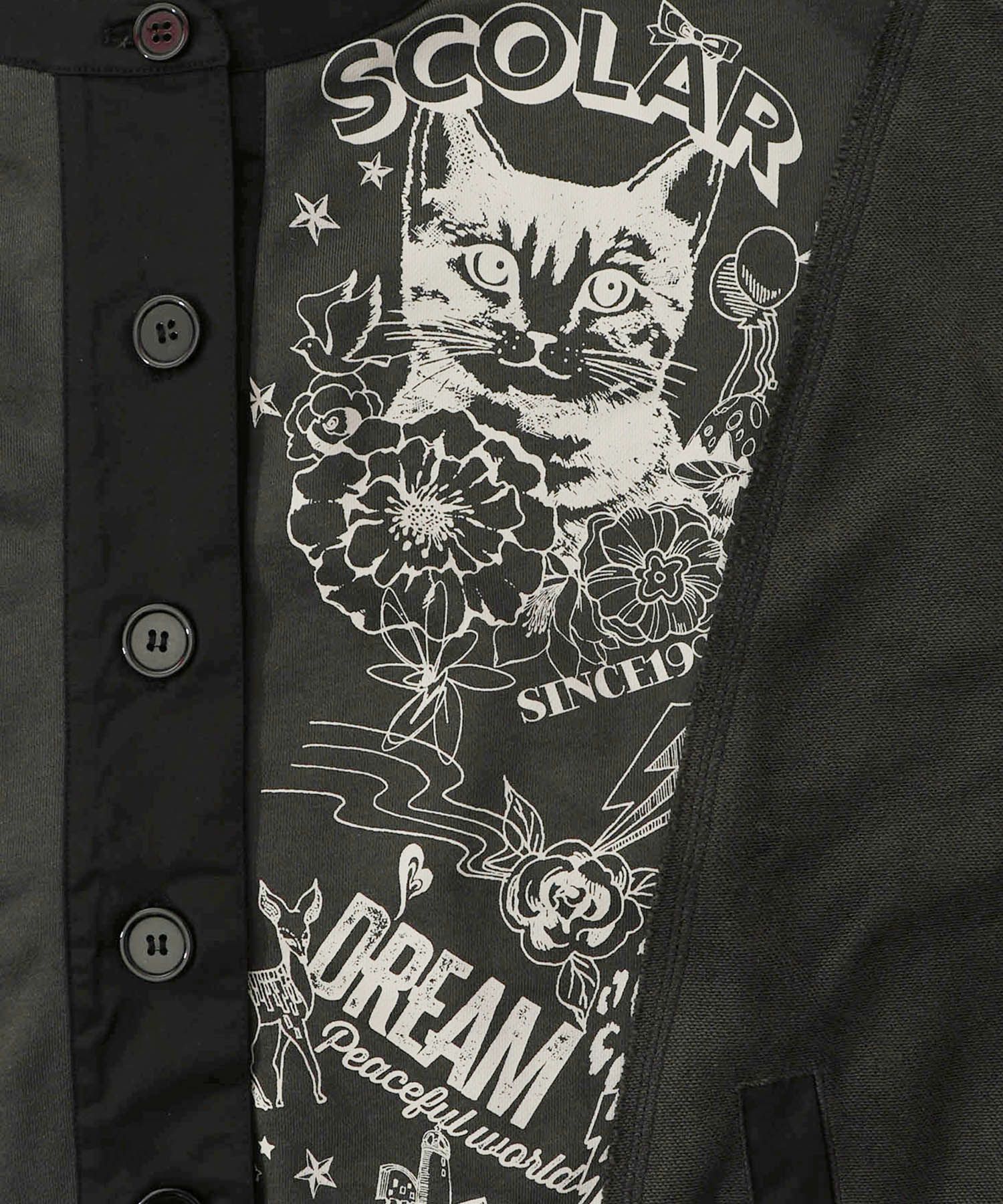 チョーク風柄裏毛×綿ツイル異素材切替カーディガン-12