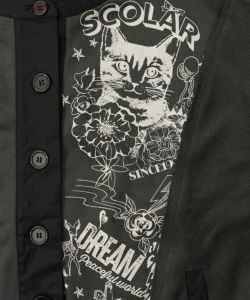 チョーク風柄裏毛×綿ツイル異素材切替カーディガン-12