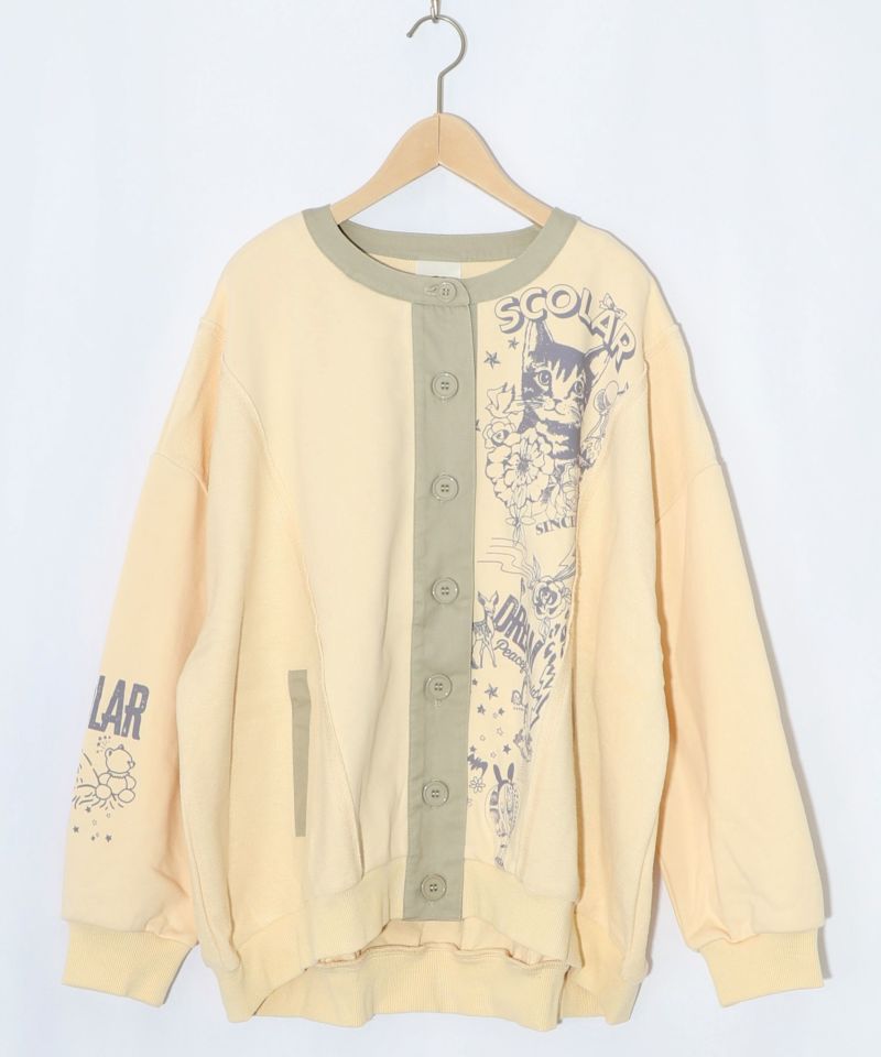 チョーク風柄裏毛×綿ツイル異素材切替カーディガン-13