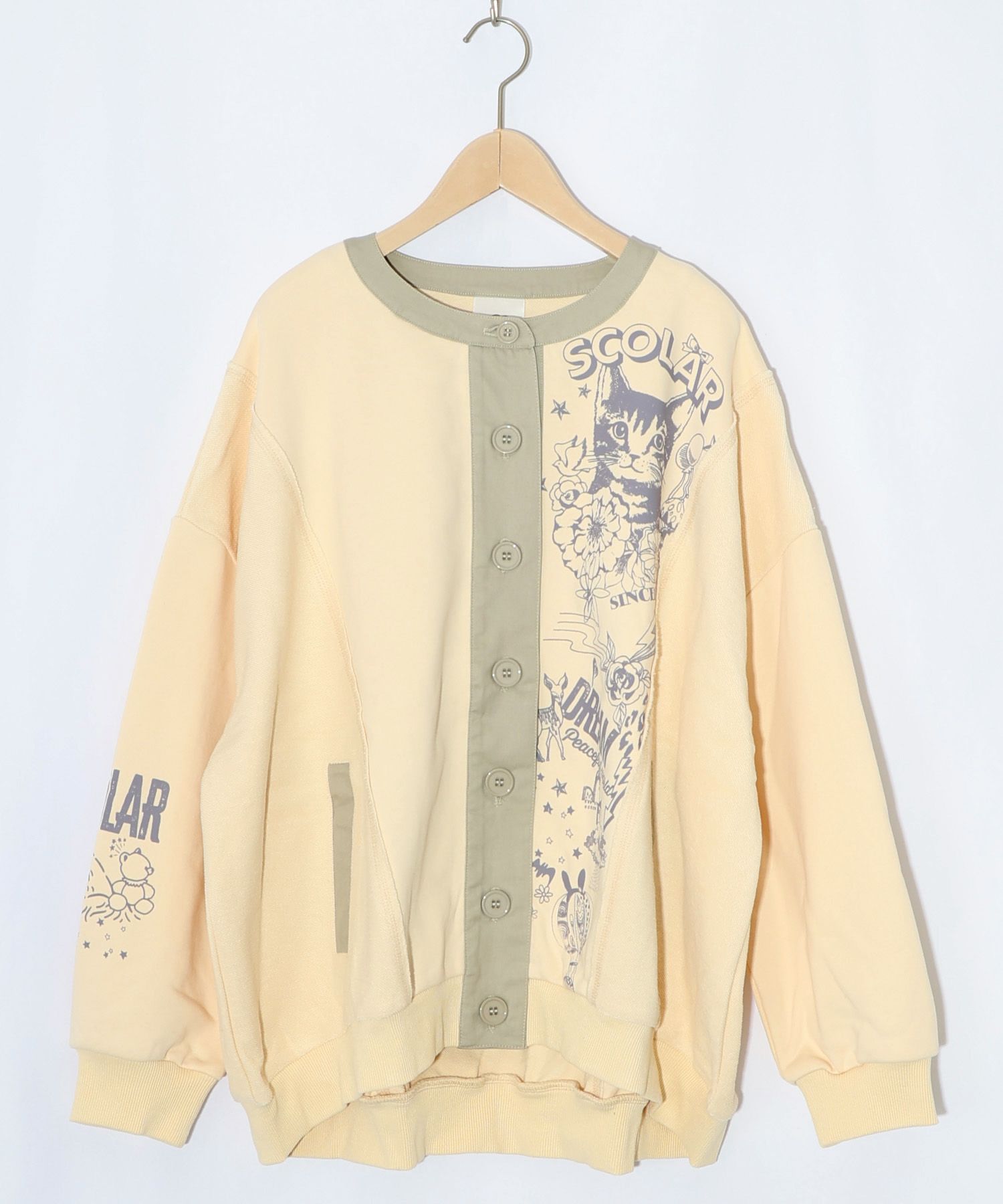 チョーク風柄裏毛×綿ツイル異素材切替カーディガン-13