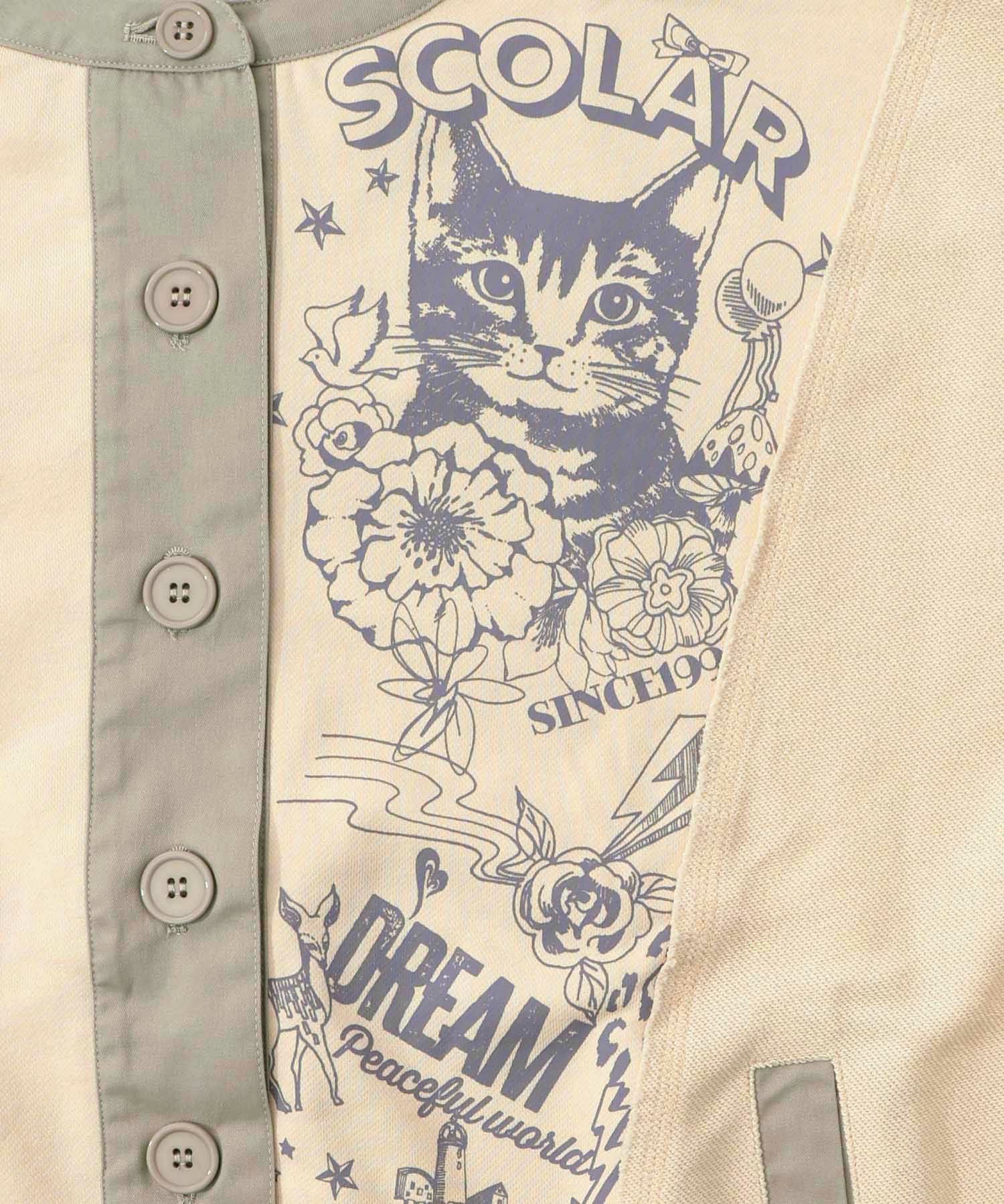 チョーク風柄裏毛×綿ツイル異素材切替カーディガン-15