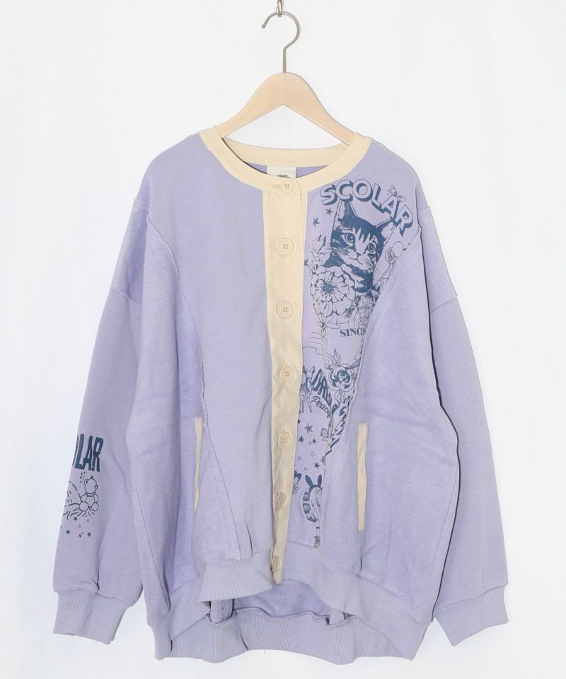 チョーク風柄裏毛×綿ツイル異素材切替カーディガン-16