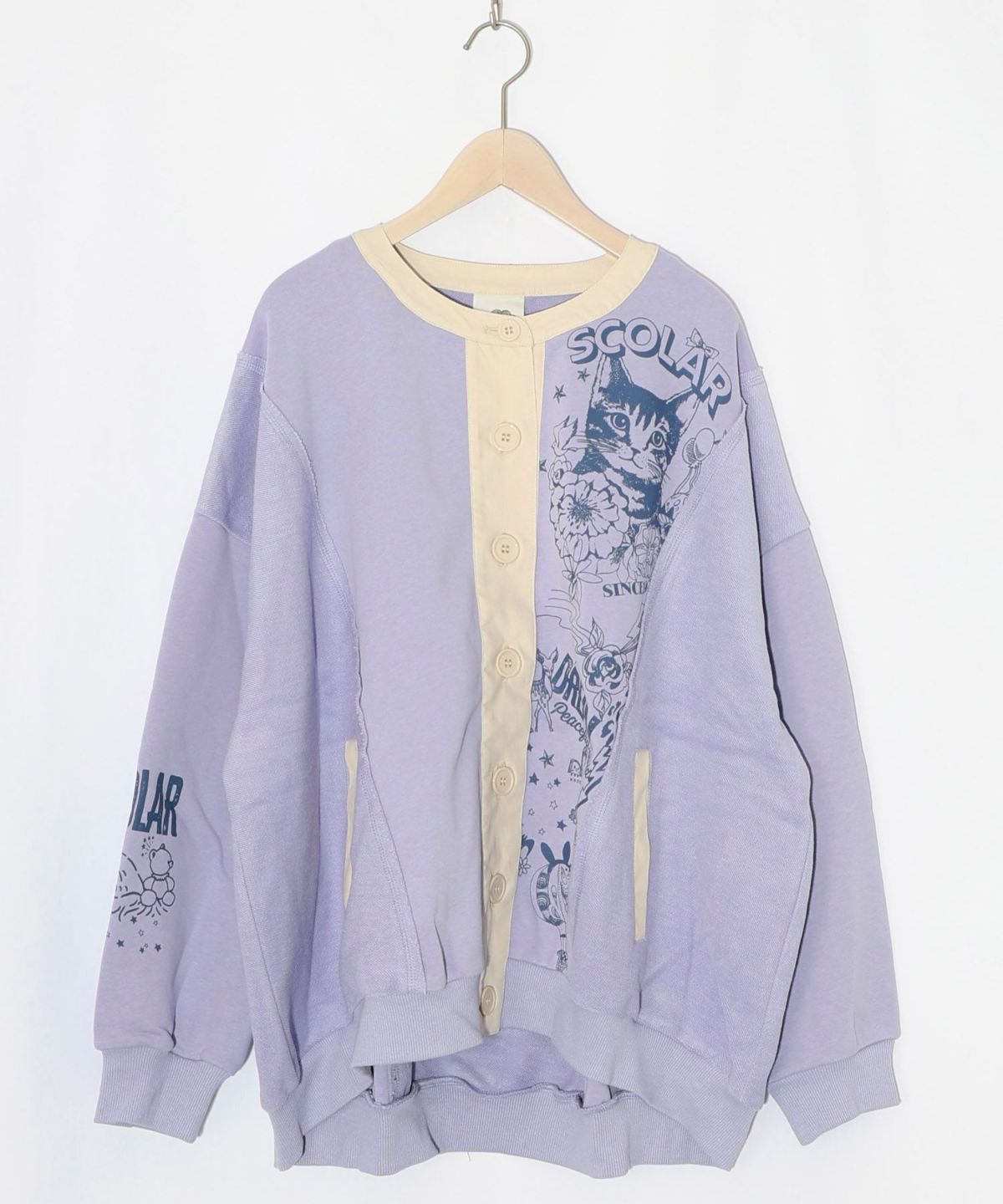 チョーク風柄裏毛×綿ツイル異素材切替カーディガン-16