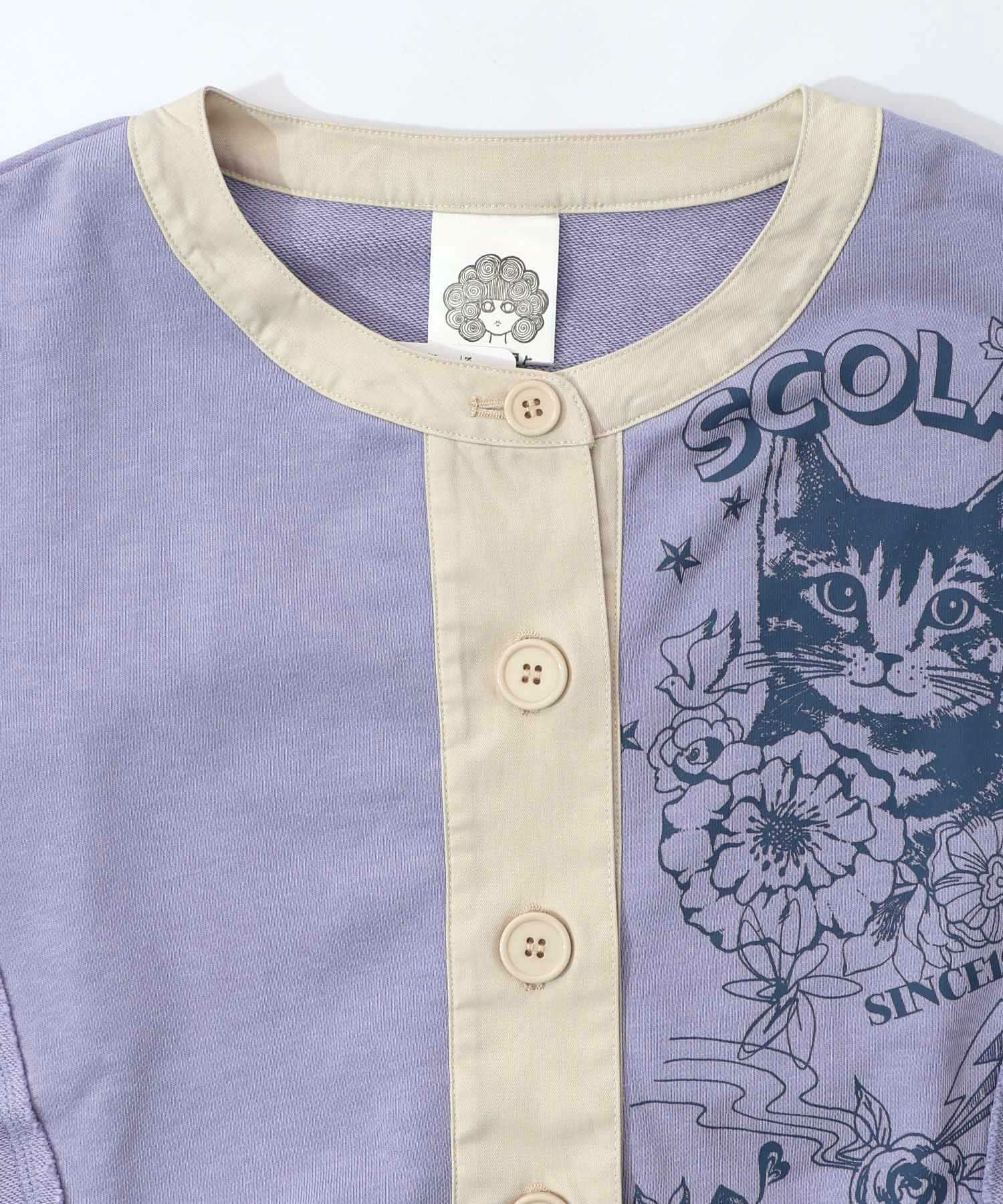 チョーク風柄裏毛×綿ツイル異素材切替カーディガン-19