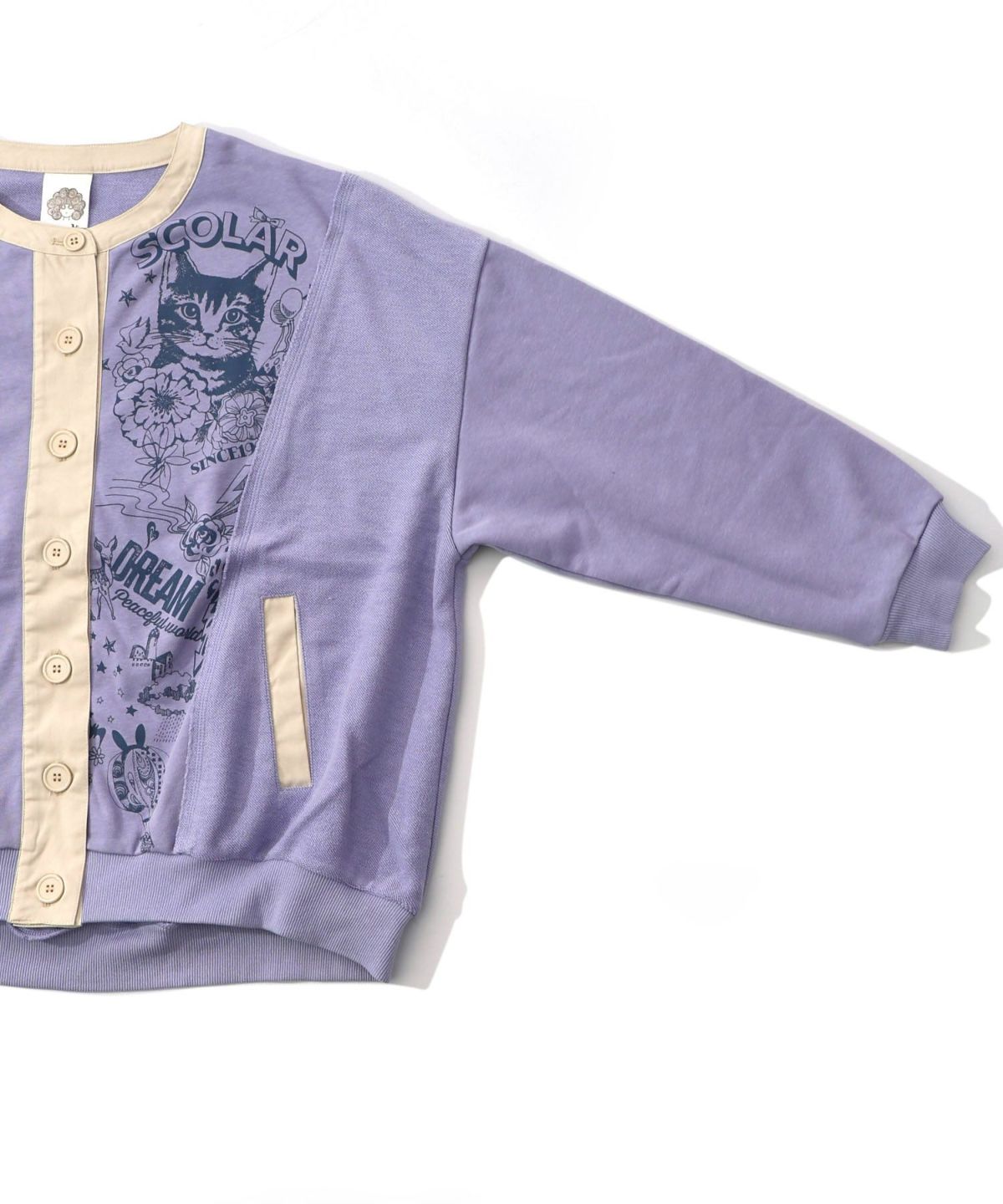 チョーク風柄裏毛×綿ツイル異素材切替カーディガン-22