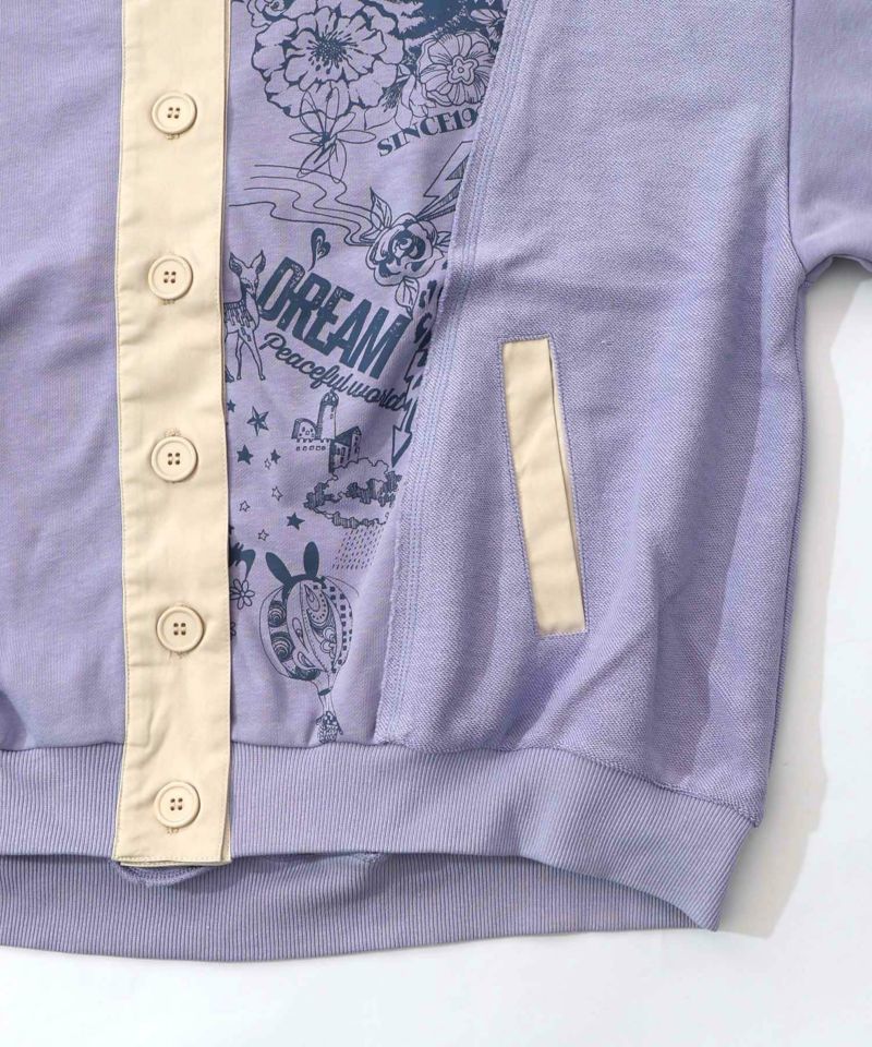 チョーク風柄裏毛×綿ツイル異素材切替カーディガン-23