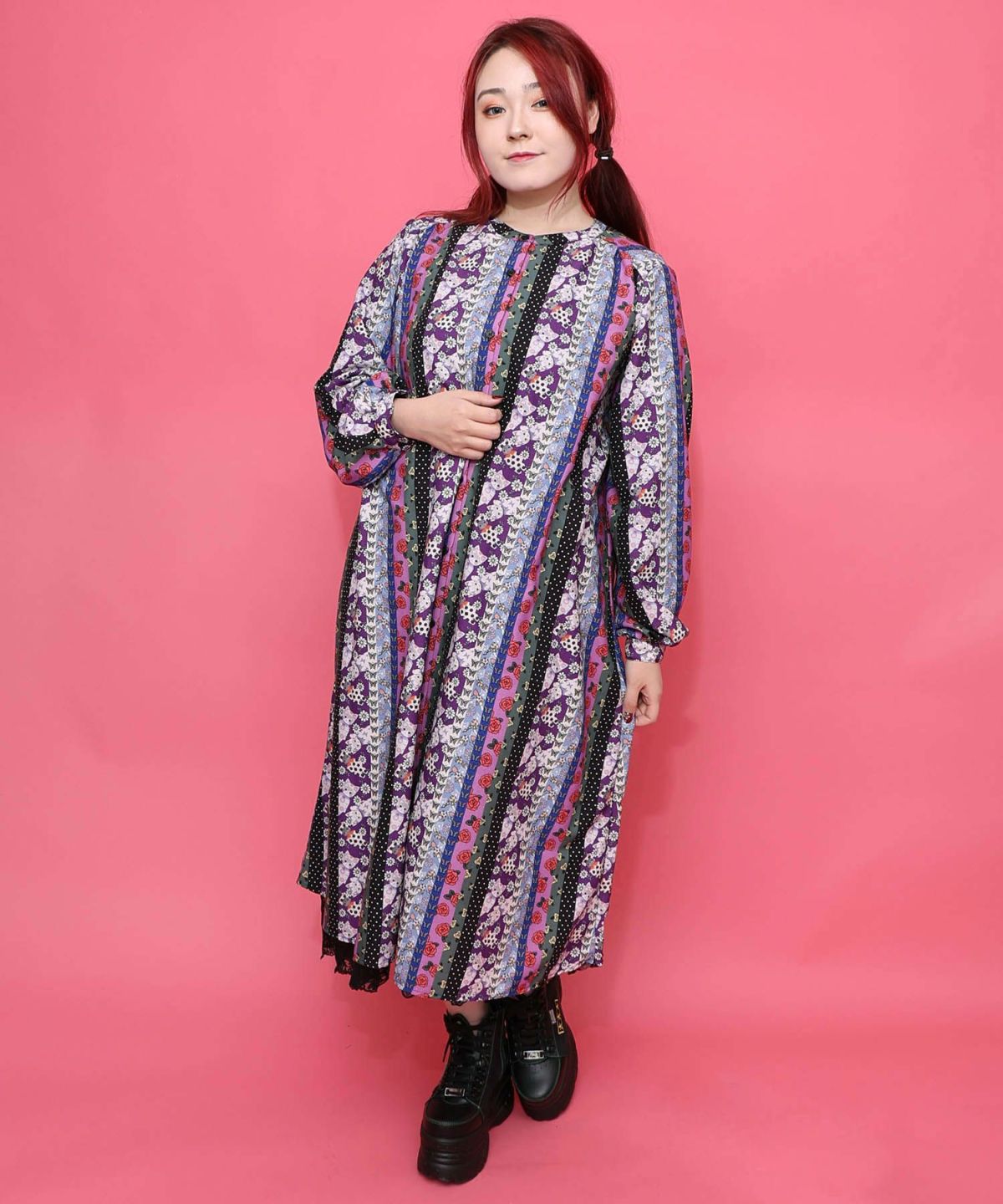 ストライプ総柄前開きシャツワンピース-2