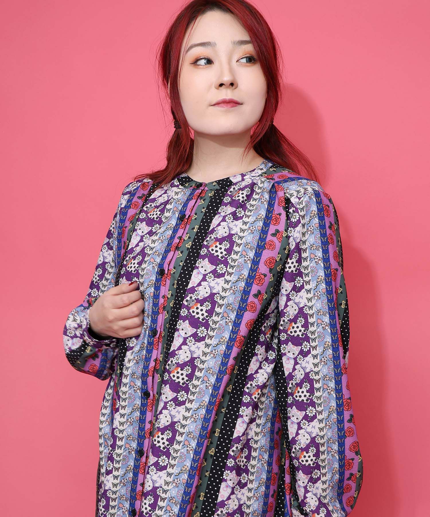 161611：ストライプ総柄前開きシャツワンピースの通販-ScoLar 