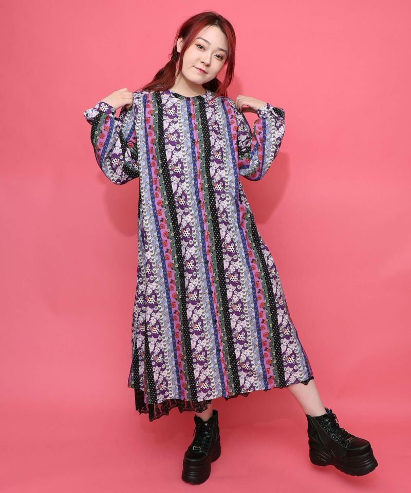 ストライプ総柄前開きシャツワンピース-4