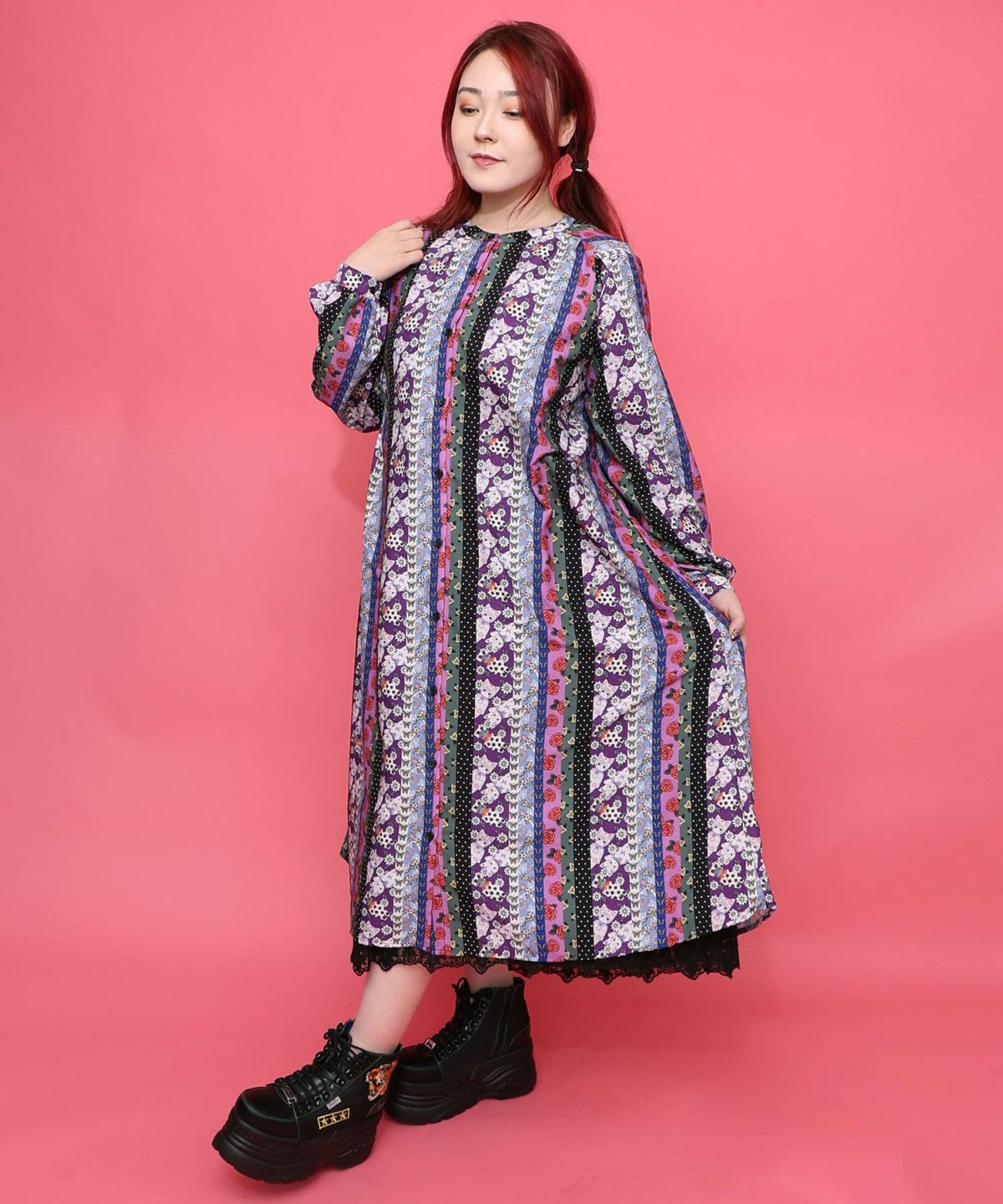 ストライプ総柄前開きシャツワンピース-5