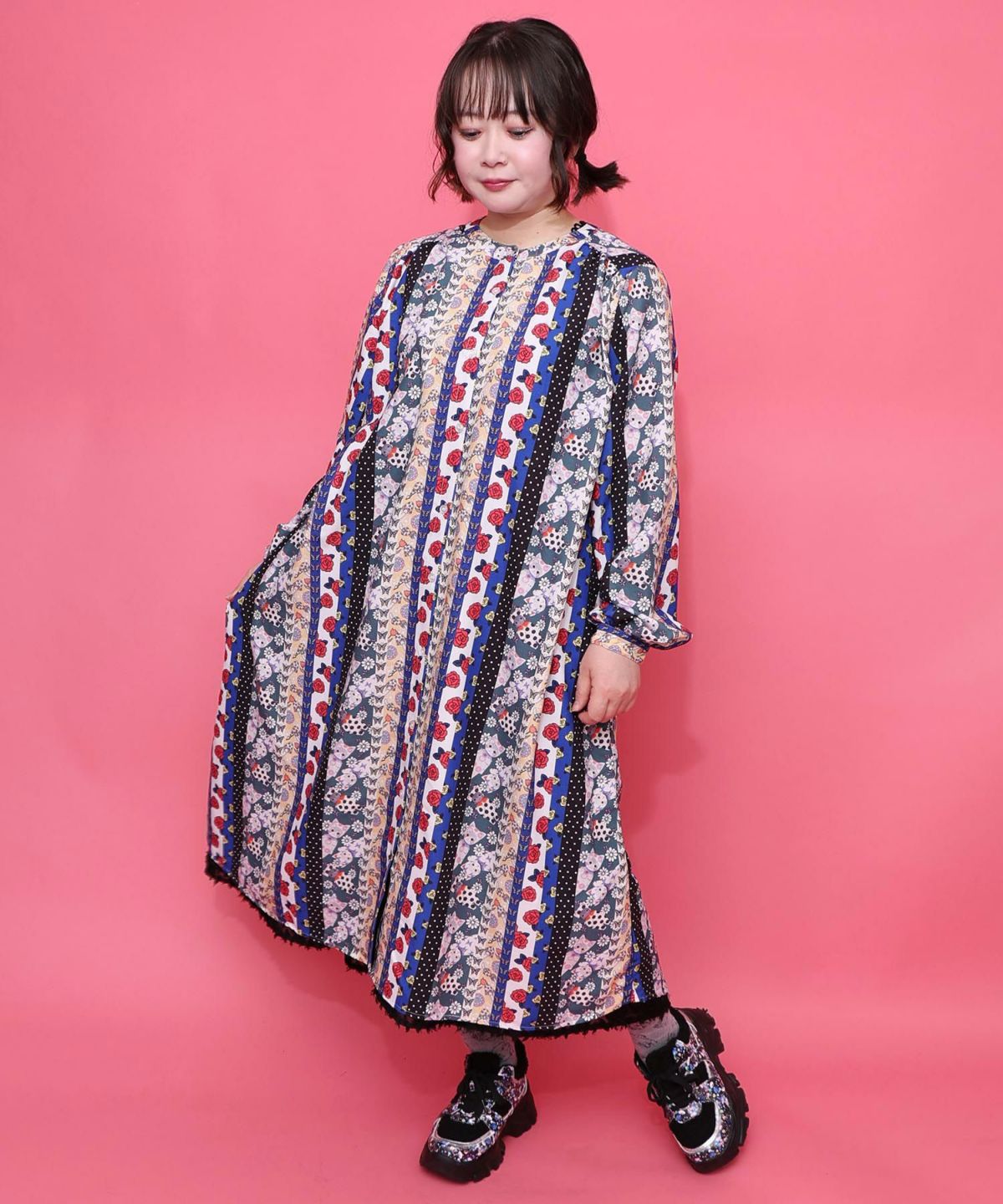 ストライプ総柄前開きシャツワンピース-10