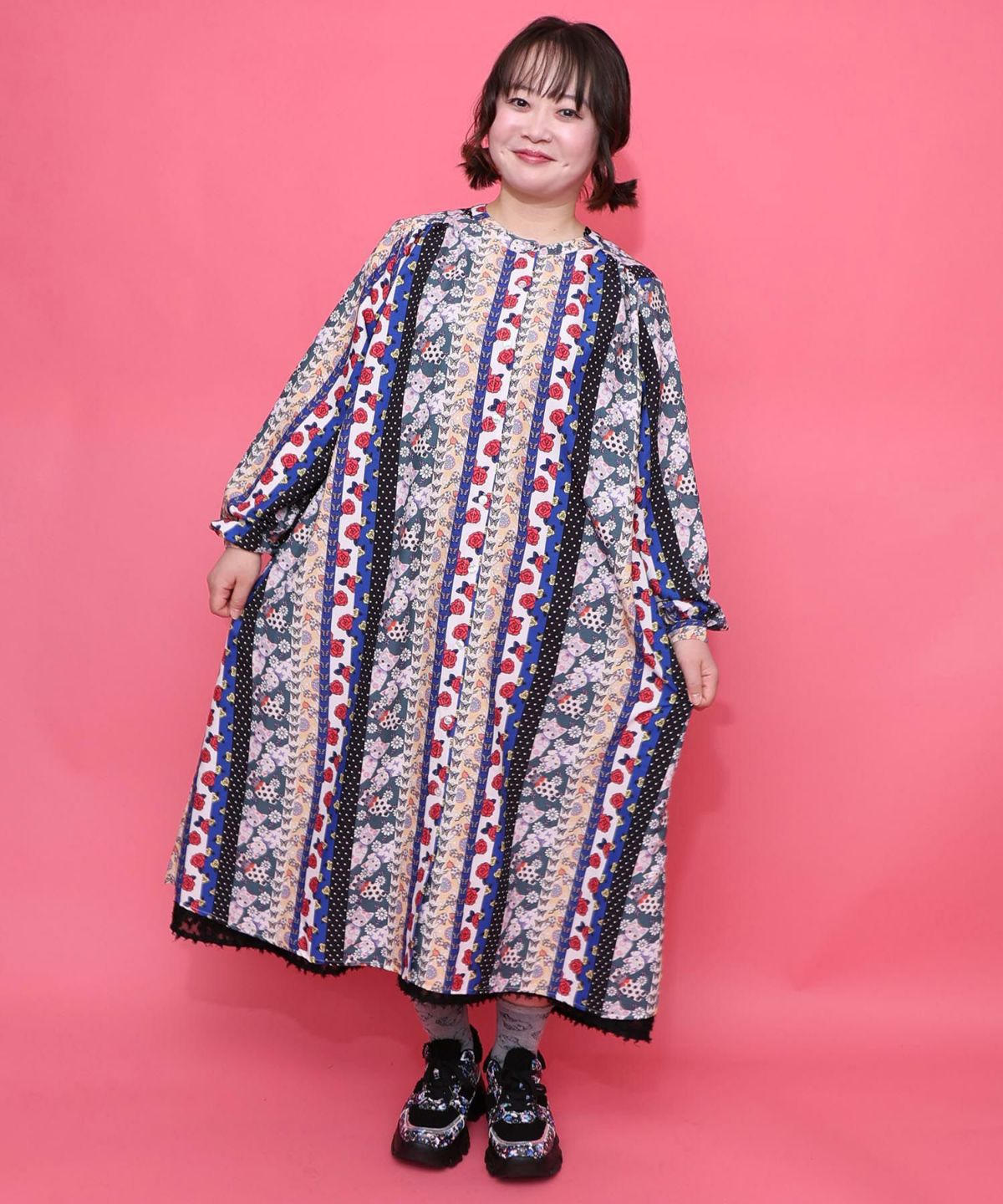 ストライプ総柄前開きシャツワンピース-11